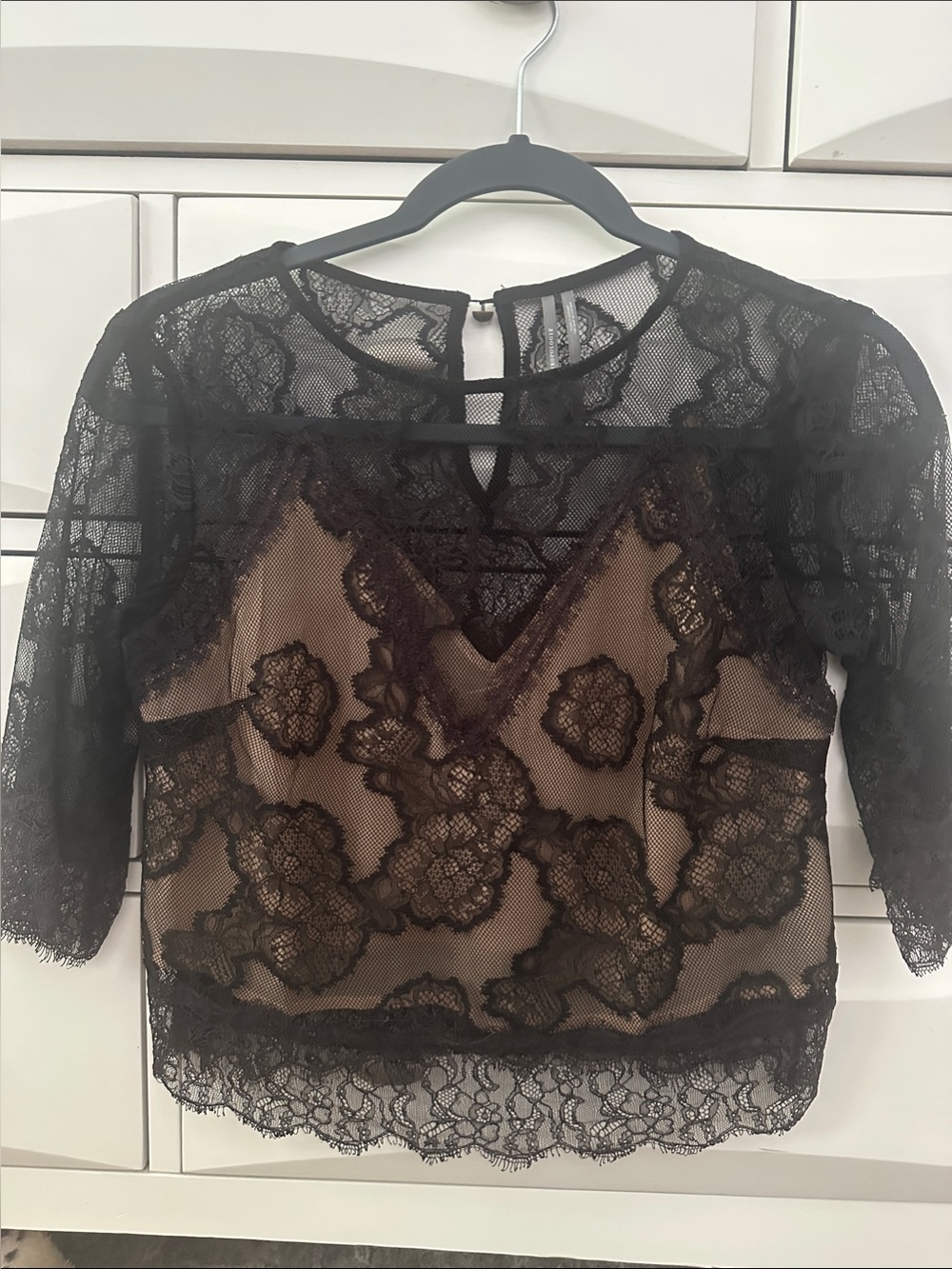 Anthropologie Black Lace Overlay V-Neck Blouse with Nude Slip